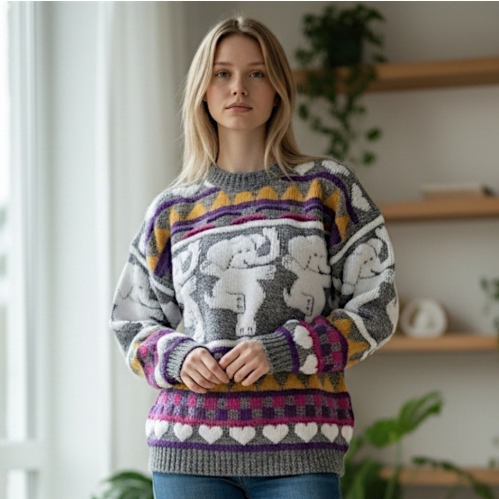 VTG Elephant Hearts Sweater Sz M Novelty Kawaii Anime‎ Shirt Kidcore 80s 90s